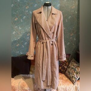 Forever 21 Linen Cotton Trench Coat Houndstooth Check Lightweight Long Jacket S